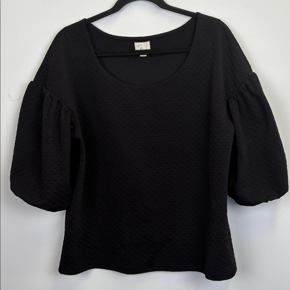 Anthropologie 9H15 STL Black Textured Puff Sleeve Top/ Size Large